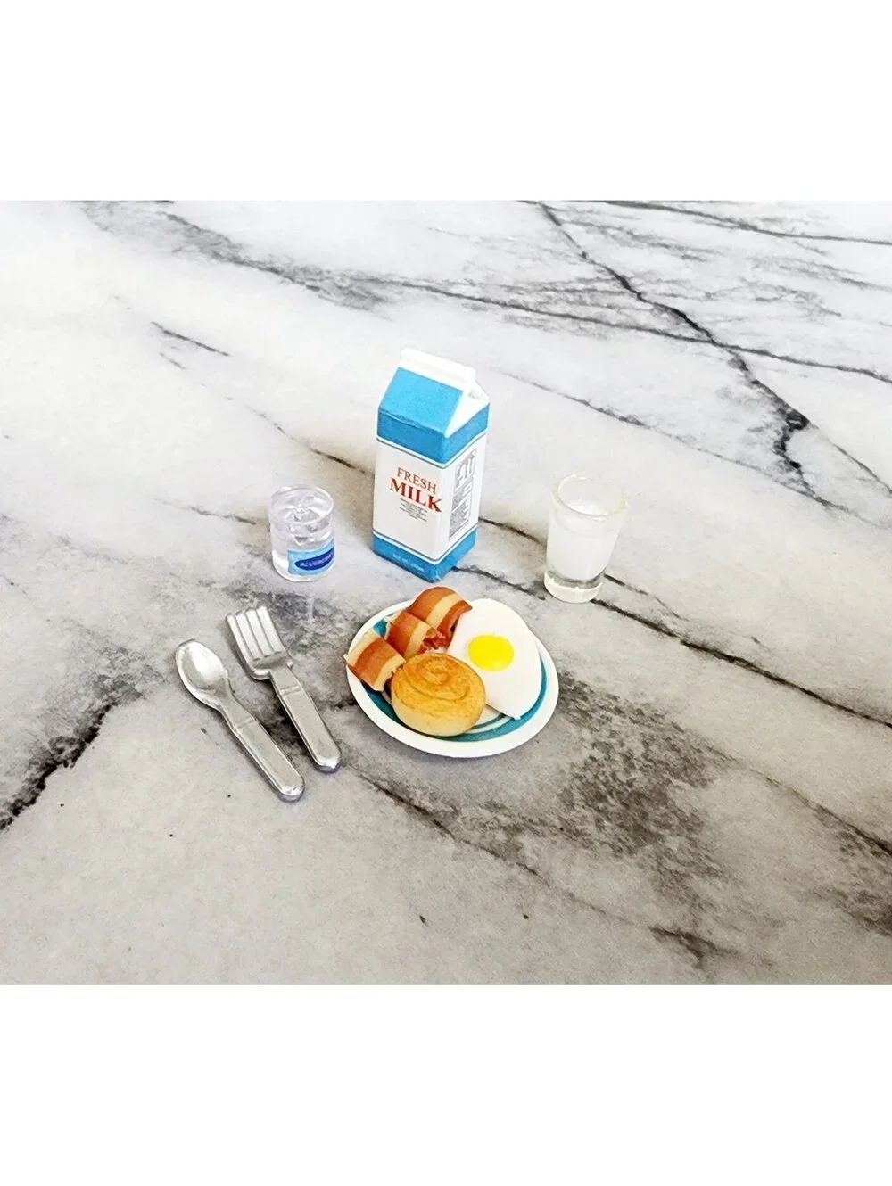 Miniature Dollhouse Bacon Egg and Sweet Roll Breakfast